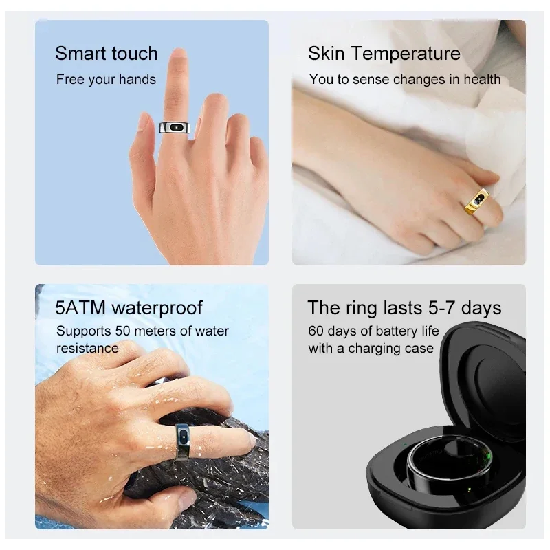 Anillo inteligente con estuche de carga para medir la temperatura de la piel, recordatorio de llamadas de mensajes, Monitor deportivo de salud y sueño, resistente al agua IP68 5ATM - AliExpress 44 - Imagen 4